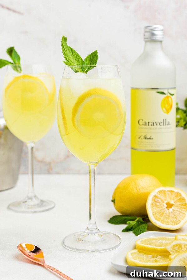 Bahama Mama Cocktail Recipe: Tropical Rum Drink Guide 12 Glass of yellow limoncello spritz, topped with a sprig of mint and a lemon slice garnish.