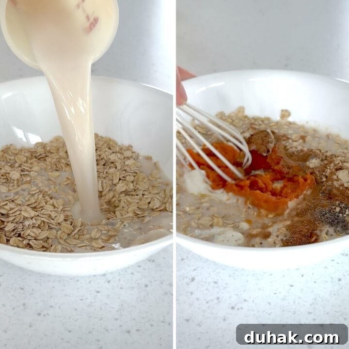 Stirring all the pumpkin overnight oats ingredients in a white bowl.