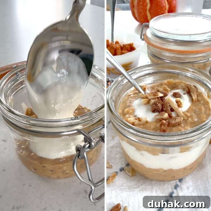 Layering pumpkin overnight oats and maple yogurt in a glass jar.