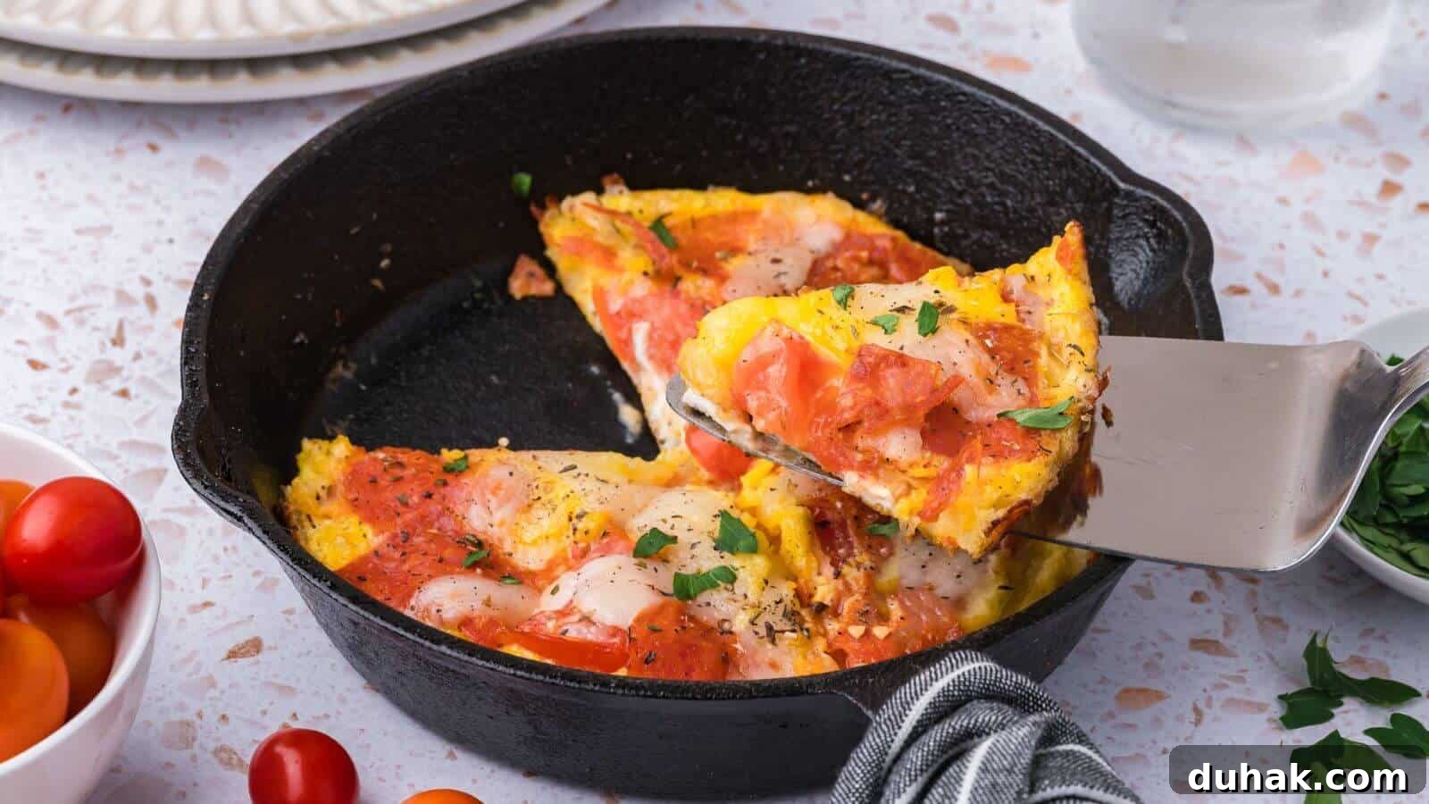 24 Low-Carb Morning Wins for Delicious, Satisfying Breakfasts 3 A slice of egg pizza is being lifted from a cast iron skillet, topped with pepperoni, cheese, and herbs. Nearby are cherry tomatoes and parsley.