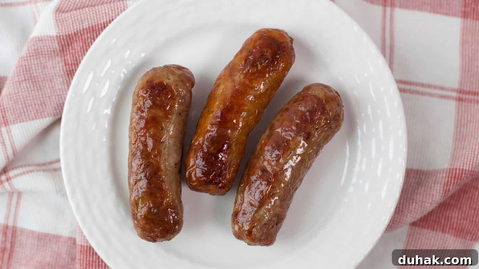 24 Low-Carb Morning Wins for Delicious, Satisfying Breakfasts 4 Three oven-baked sausages on a white plate with a red and white checkered napkin in the background.