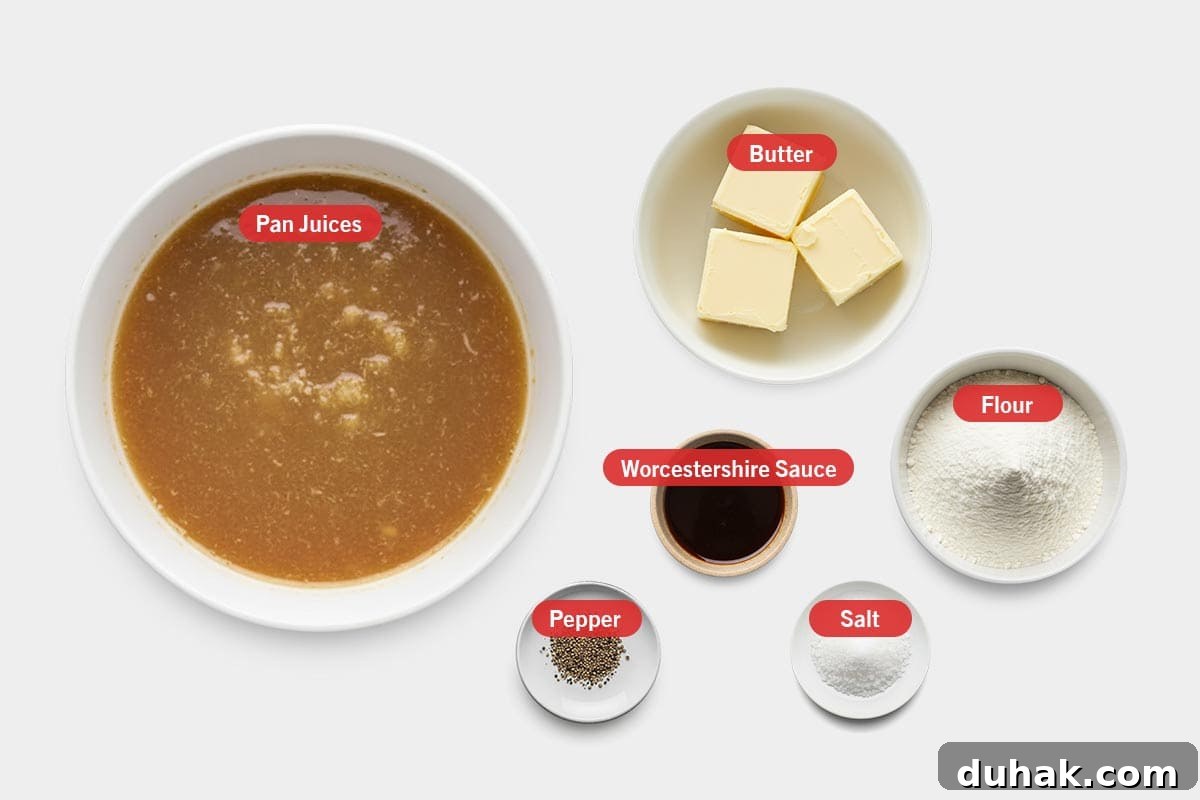 Top shot of ingredients: Pan juices, butter, Worcestershire sauce, flour, pepper, and salt.