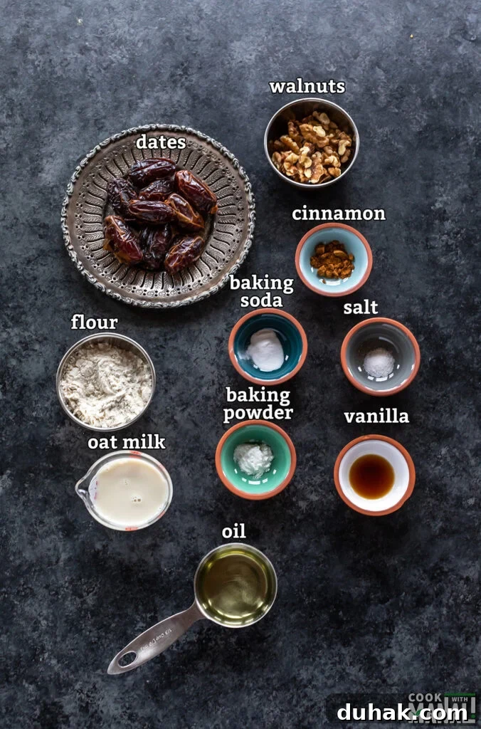 Vegan Date and Walnut Cake Recipe – Moist, No-Egg Dessert 3 ingredients for date walnut cake arranged on a board