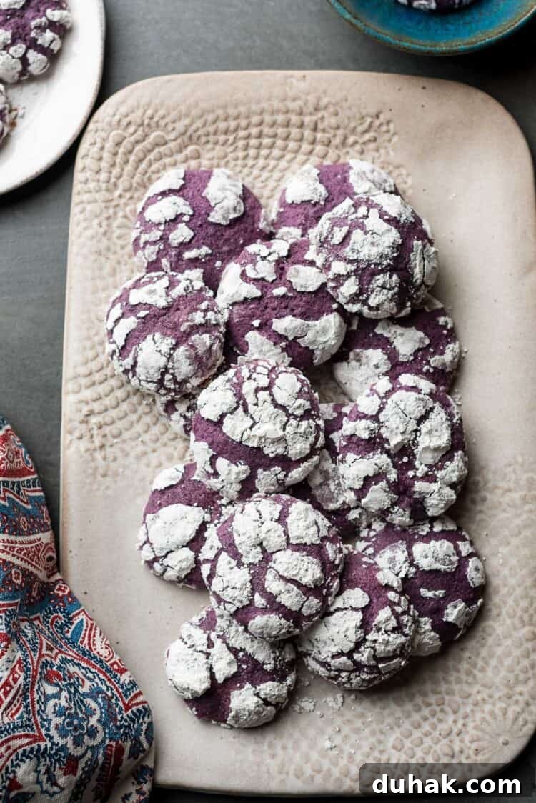 Ube Crinkle Cookies on a platter.