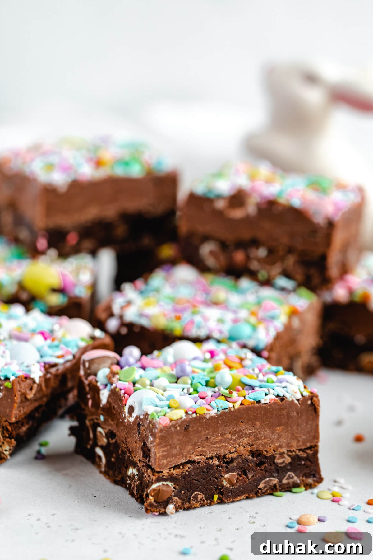 Malted Milk Chocolate Easter Egg Fudge Brownies Recipe 12 close up of fudge topped brownies