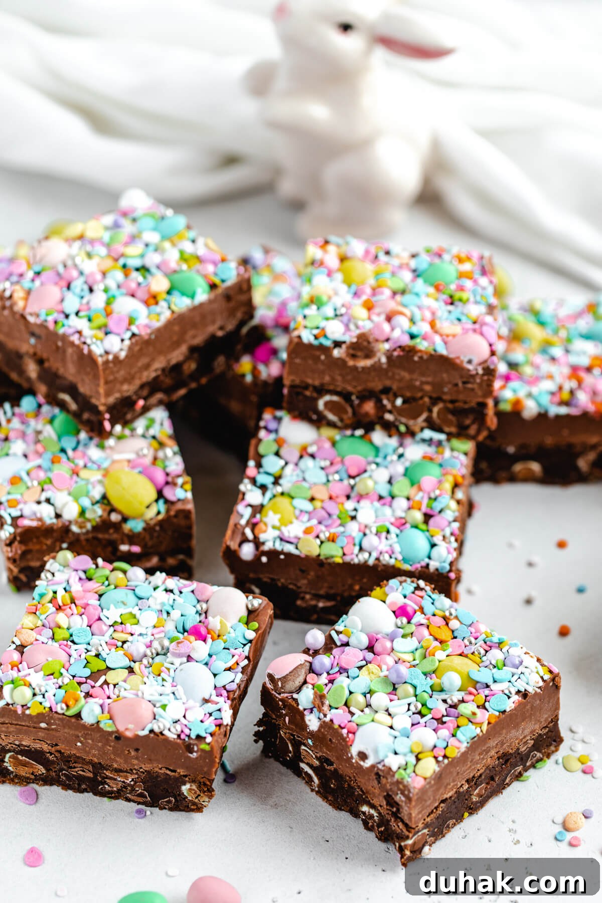 Malted Milk Chocolate Easter Egg Fudge Brownies Recipe 4 top view of fudge brownies topped with easter sprinkles