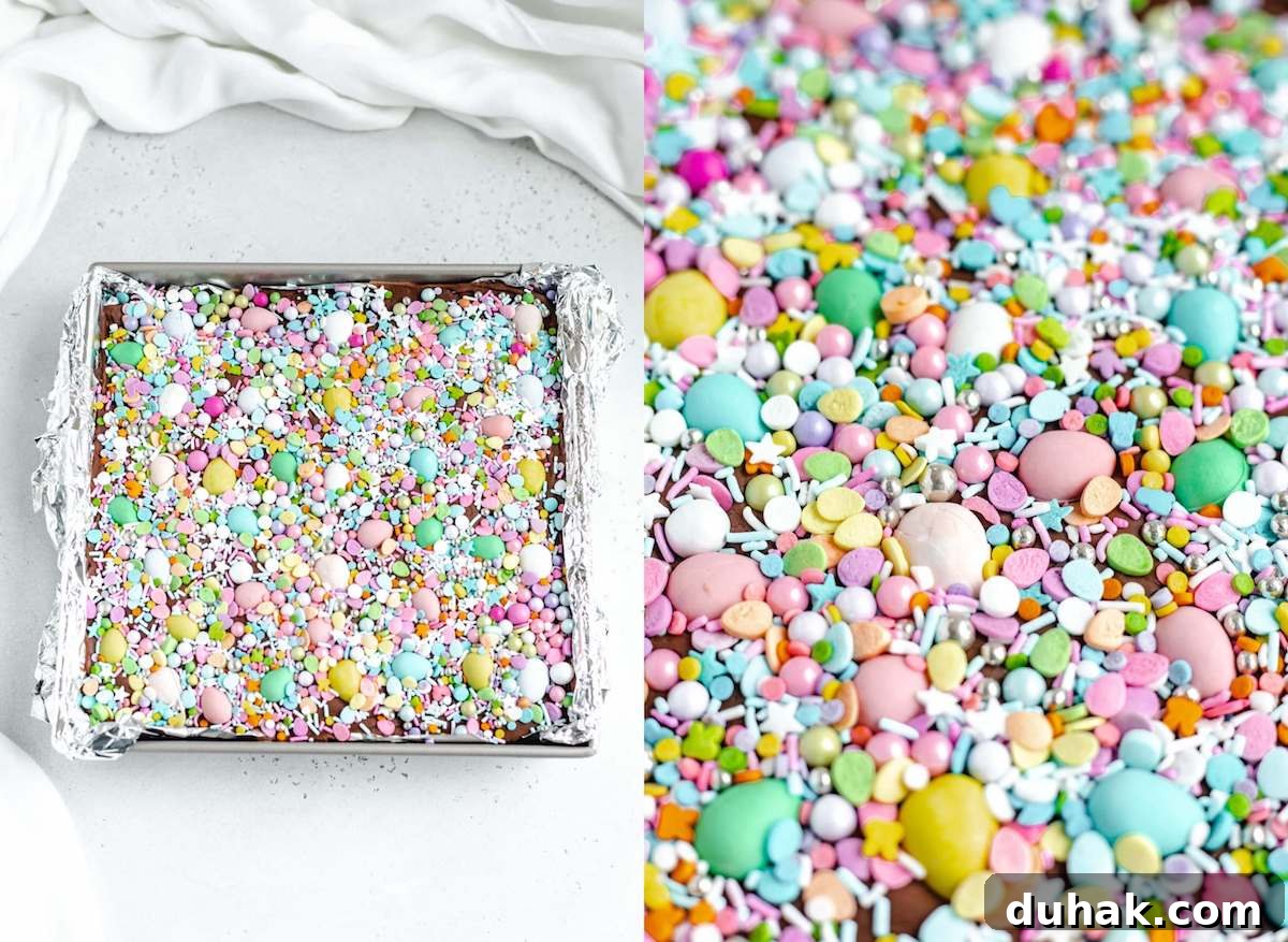 Malted Milk Chocolate Easter Egg Fudge Brownies Recipe 7 close up photos of spring coloured sprinkles and candy on top of fudge