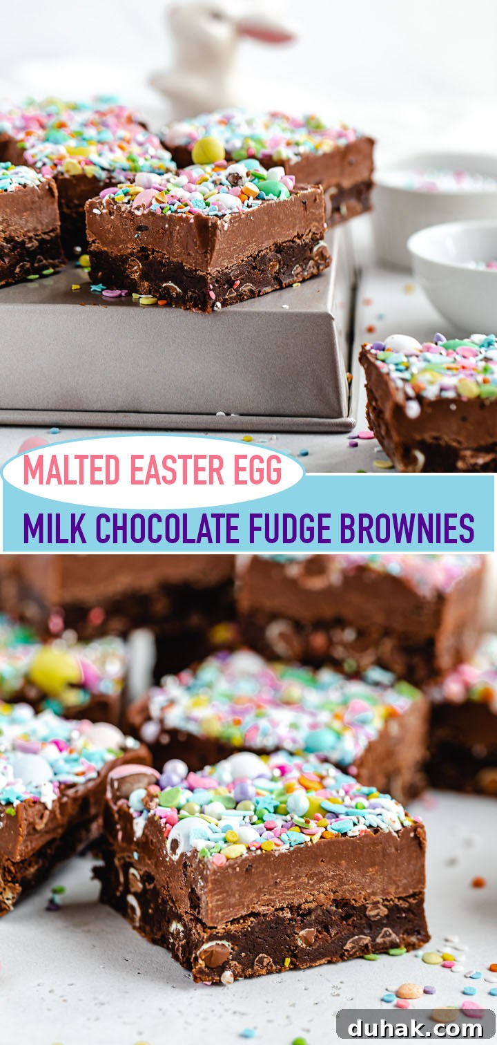 Malted Milk Chocolate Easter Egg Fudge Brownies Recipe 8 long pin image of brownies for Pinterest