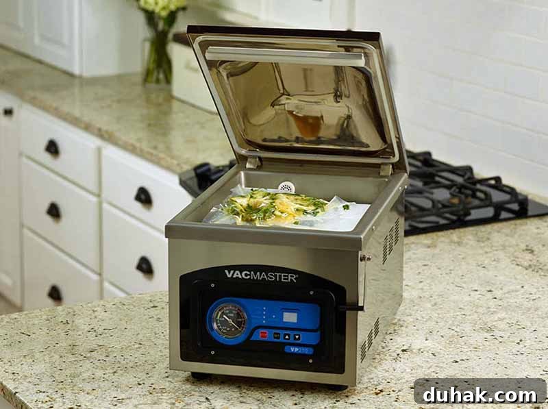 VacMaster 210 Chamber Vacuum Sealer — Powerful Commercial Performance 2 VacMaster VP210 Chamber Vacuum Sealer on a granite kitchen countertop.