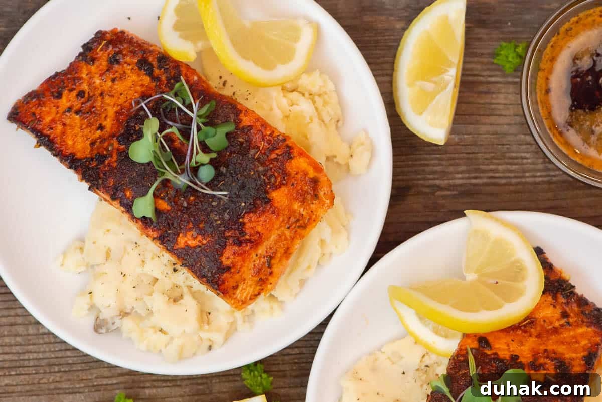 Blackened Salmon Recipe: Spicy Cajun Pan-Seared Fillets 12 blackened salmon over mashed potatoes.