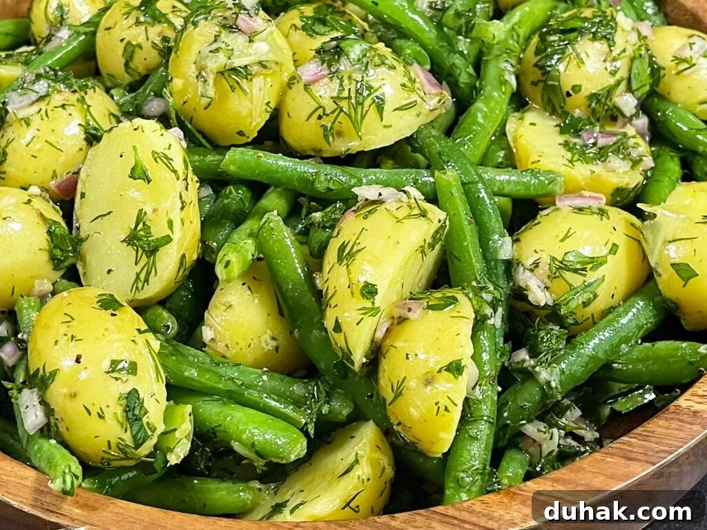 Close up of green bean potato salad with fresh dill.