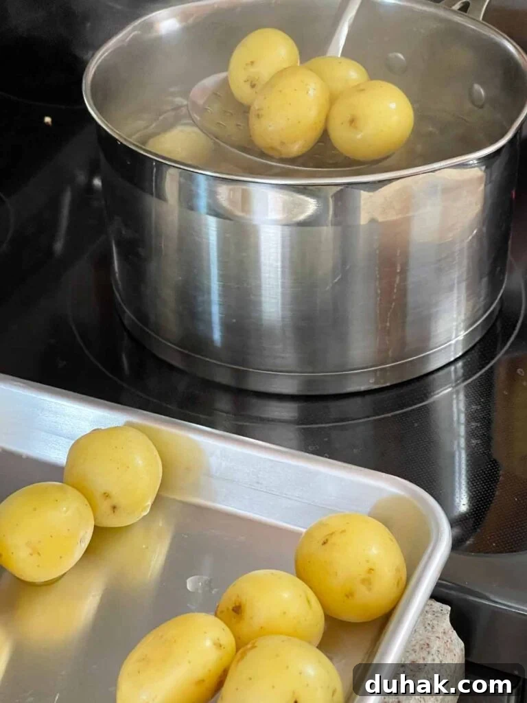 Transferring drained baby potatoes to a sheet pan.
