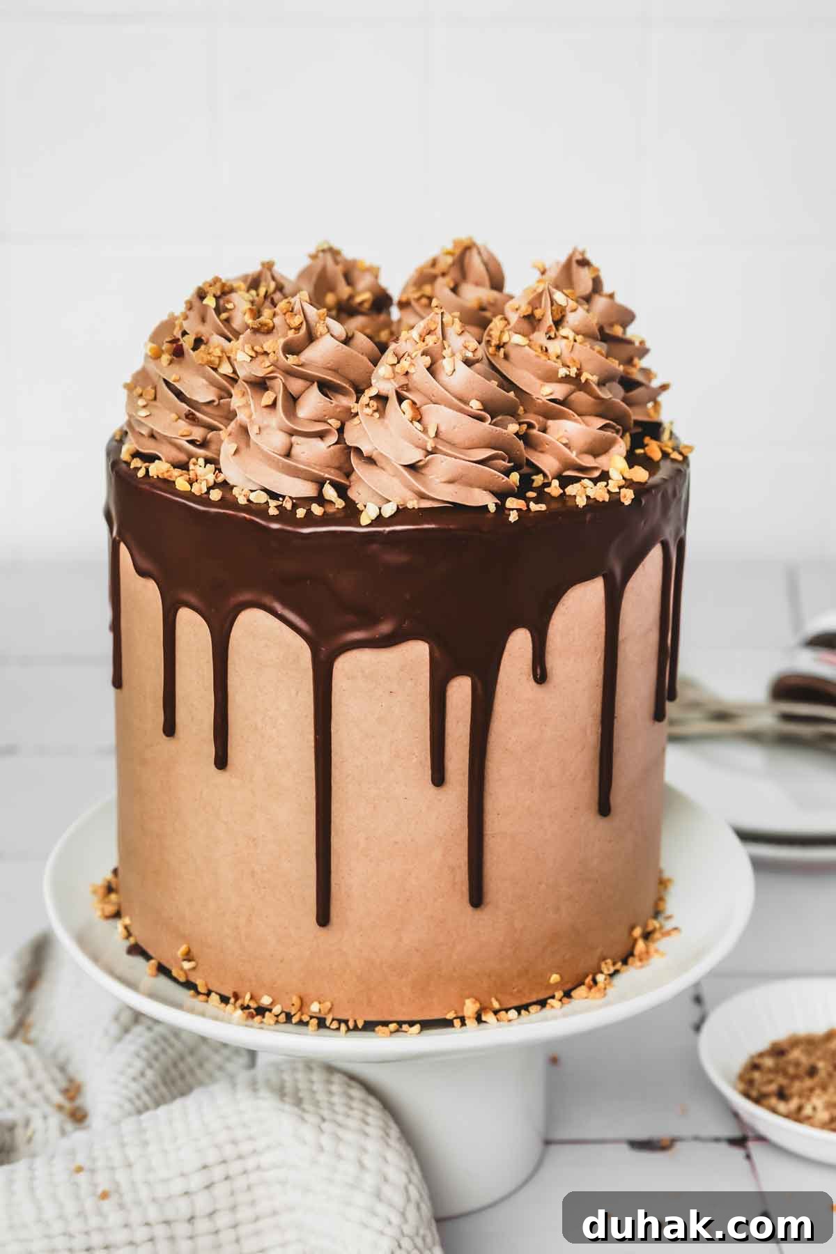 Decadent Nutella Chocolate Cake Recipe for Chocolate Lovers 2 Layered Nutella cake with chocolate frosting on a cake stand