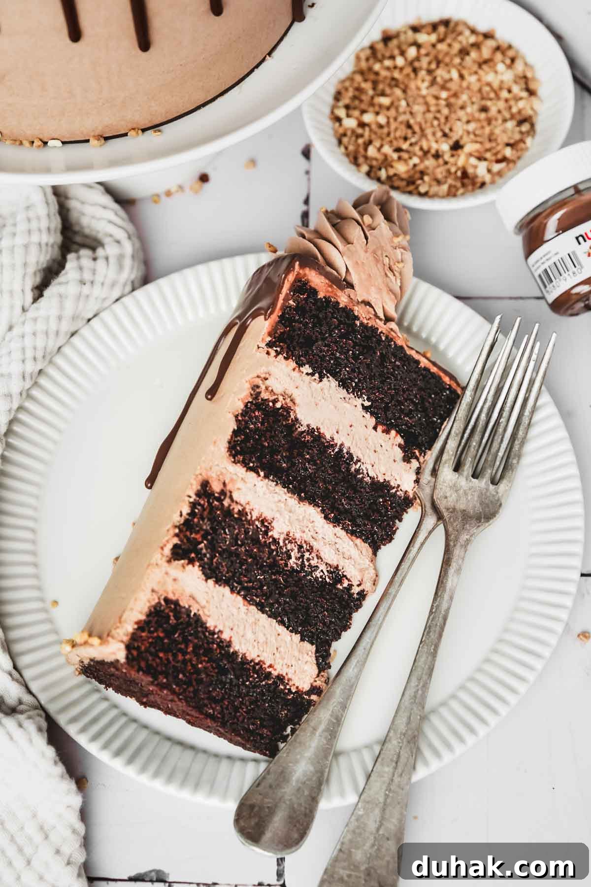 Decadent Nutella Chocolate Cake Recipe for Chocolate Lovers 11 Slice of Nutella layer cake served on a plate
