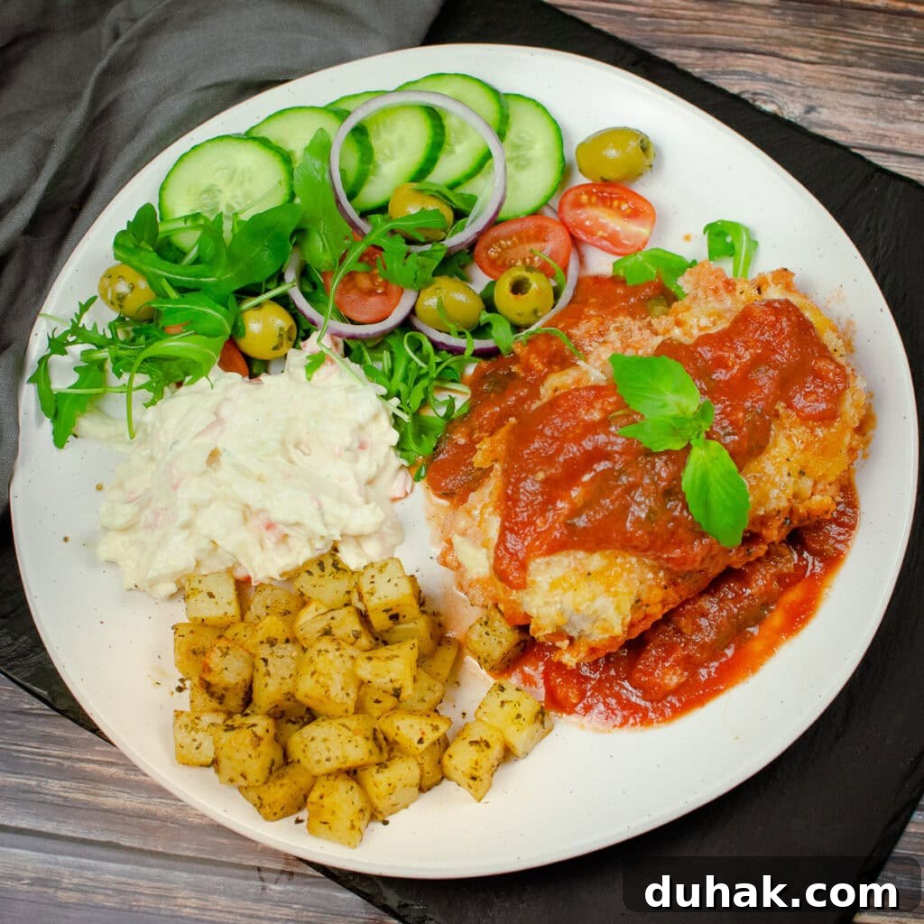 Crispy bread crumb mozzarella chicken served with tomato sauce , lettuce,red onion, tomatoes, green olives , coleslaw and potato squares on a white plate