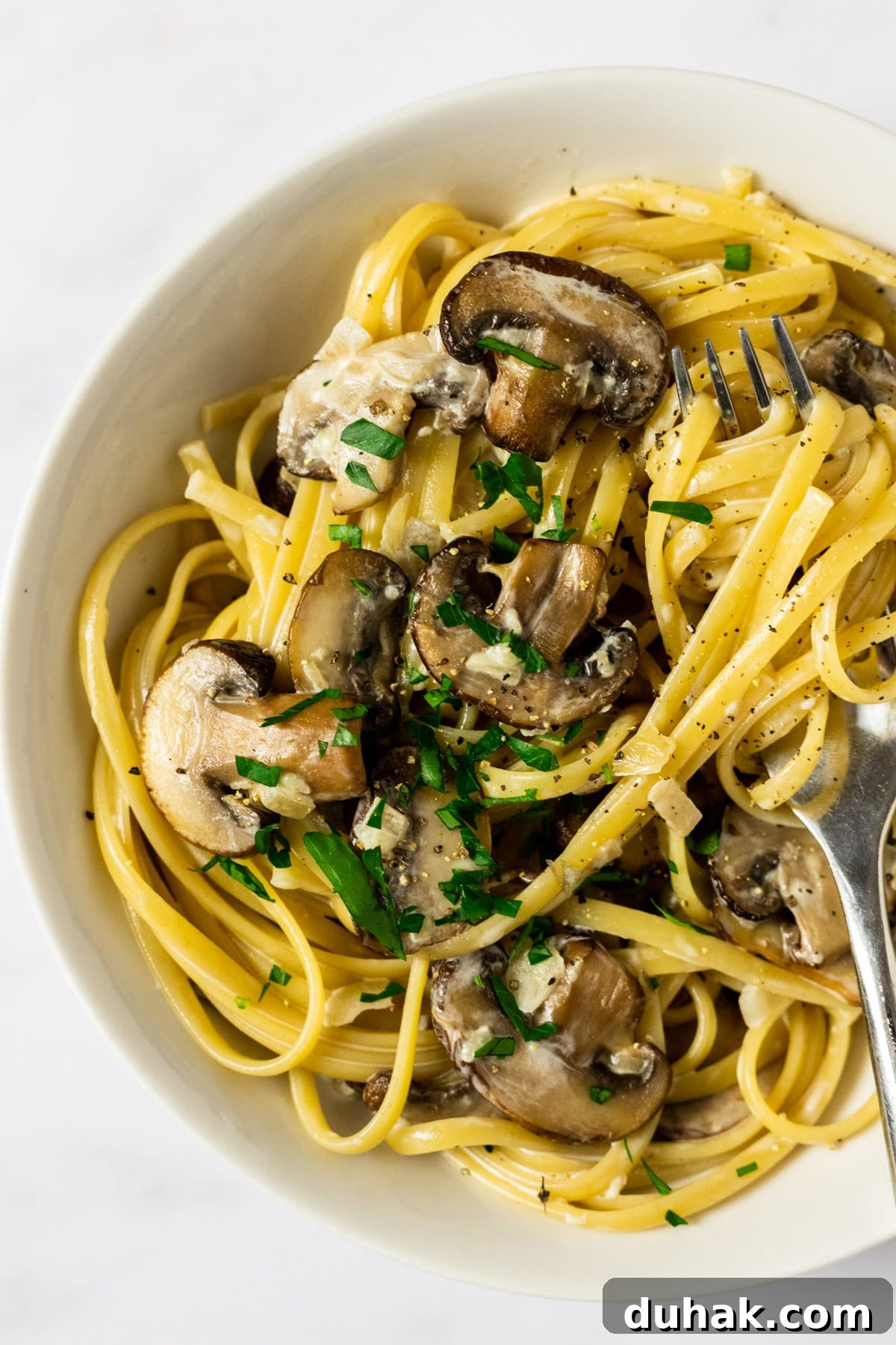 A close up view of a bowl of creamy mushroom pasta.
