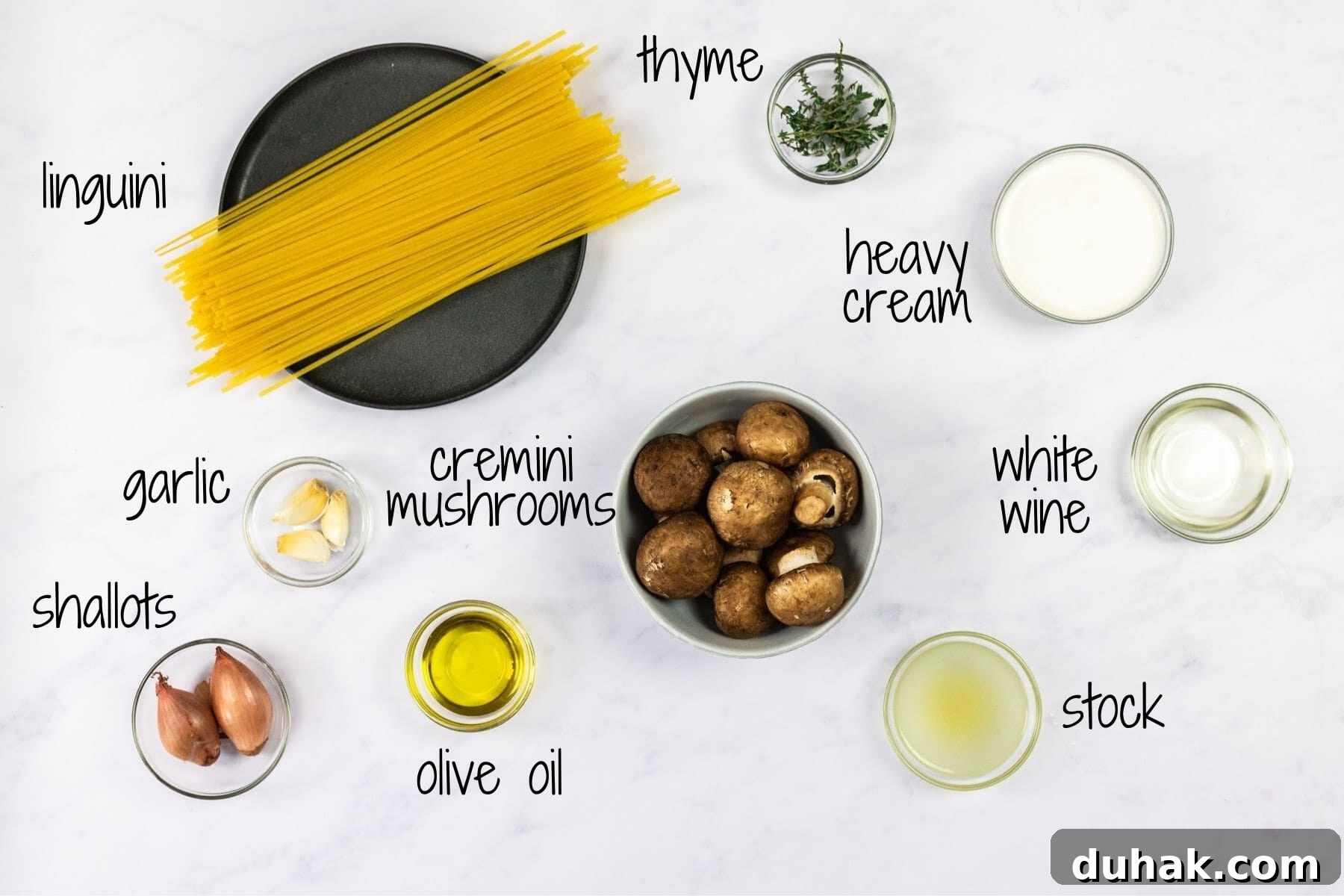 Ingredients for creamy mushroom pasta with text labels.