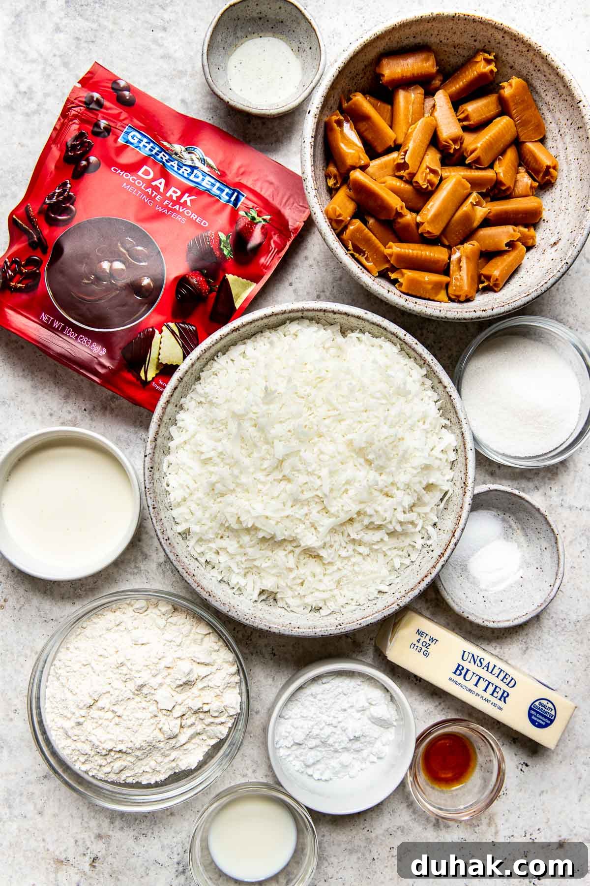 How to Make Samoas Cookies at Home — Girl Scout Copycat Recipe 3 ingredients to make samoas cookies in glass bowls.