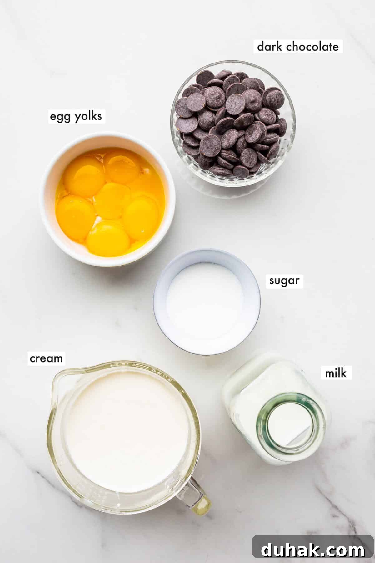 Silky Dark Chocolate Pots de Crème: Decadent French Dessert Recipe 3 Ingredients to make chocolate pots de crème with dark chocolate measured out.