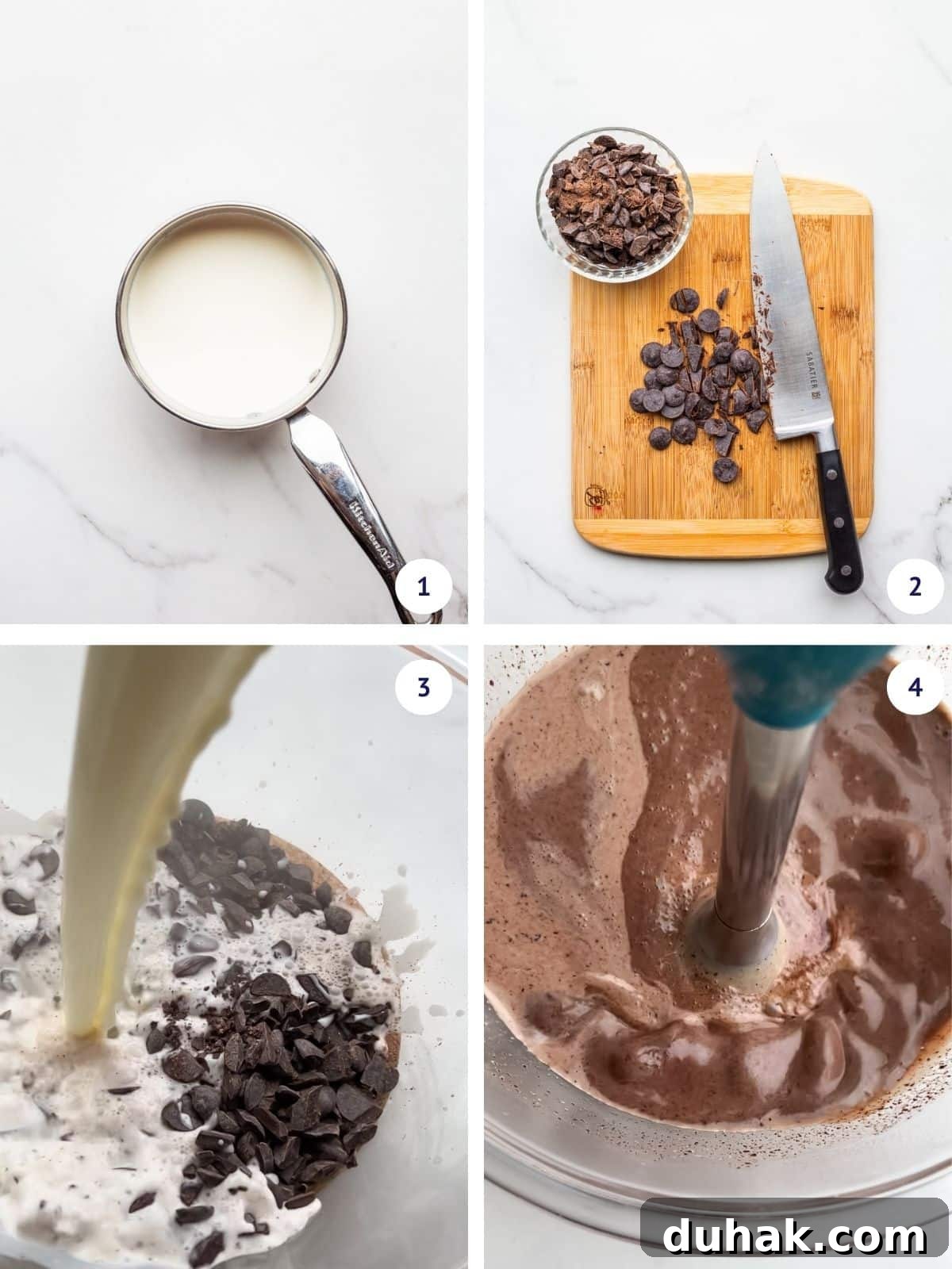 Silky Dark Chocolate Pots de Crème: Decadent French Dessert Recipe 4 Making the dark chocolate ganache base for pots de crème dessert.