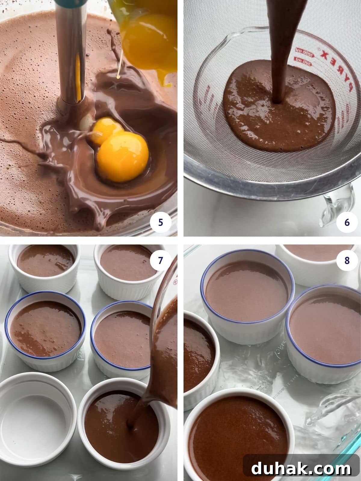 Silky Dark Chocolate Pots de Crème: Decadent French Dessert Recipe 5 Adding egg yolks to make the dark chocolate custard base for pots de crème baked in ramekins in a bain-marie.