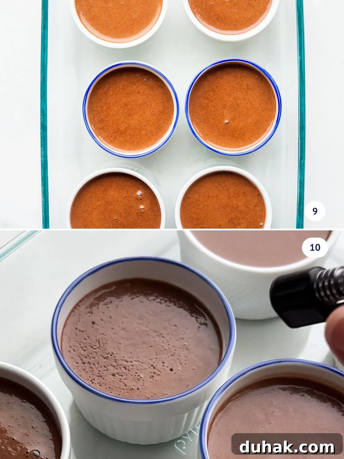 Silky Dark Chocolate Pots de Crème: Decadent French Dessert Recipe 6 Blow torching the surface of chocolate pots de crème to remove air bubbles.
