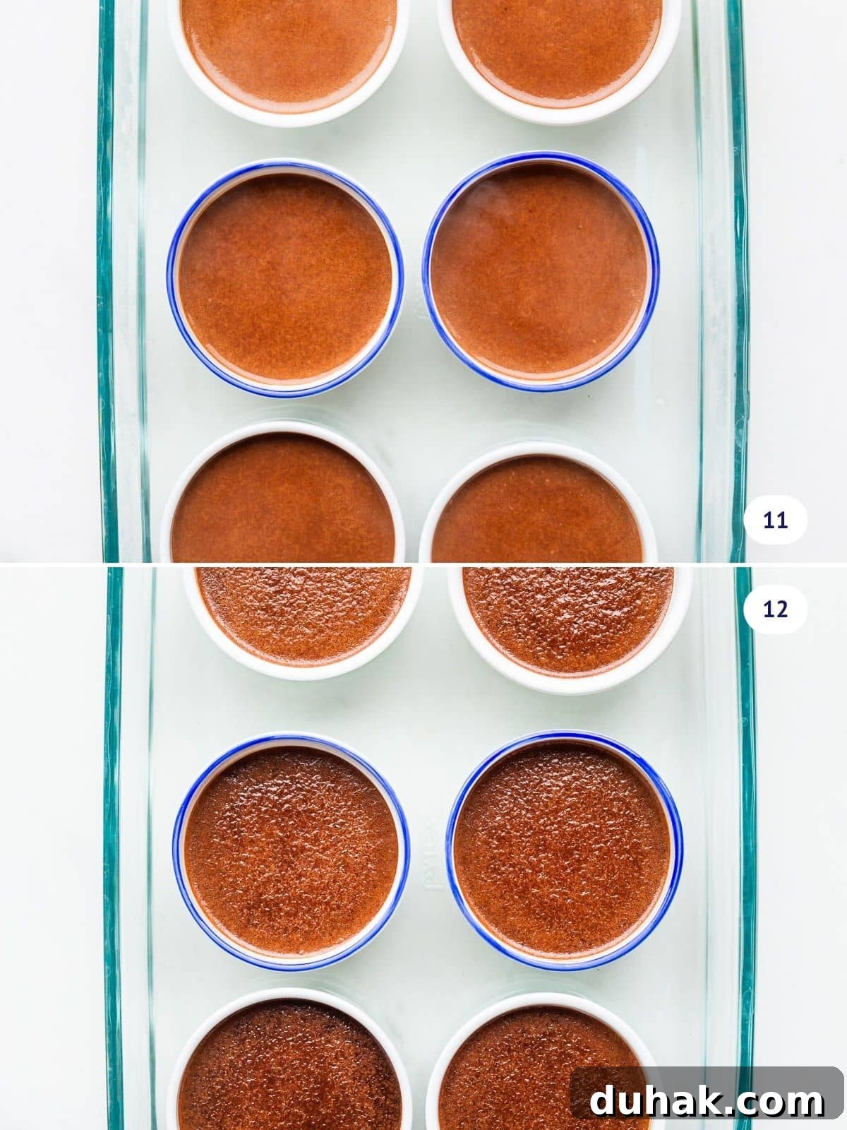 Silky Dark Chocolate Pots de Crème: Decadent French Dessert Recipe 7 Chocolate pots de crème before and after baking.