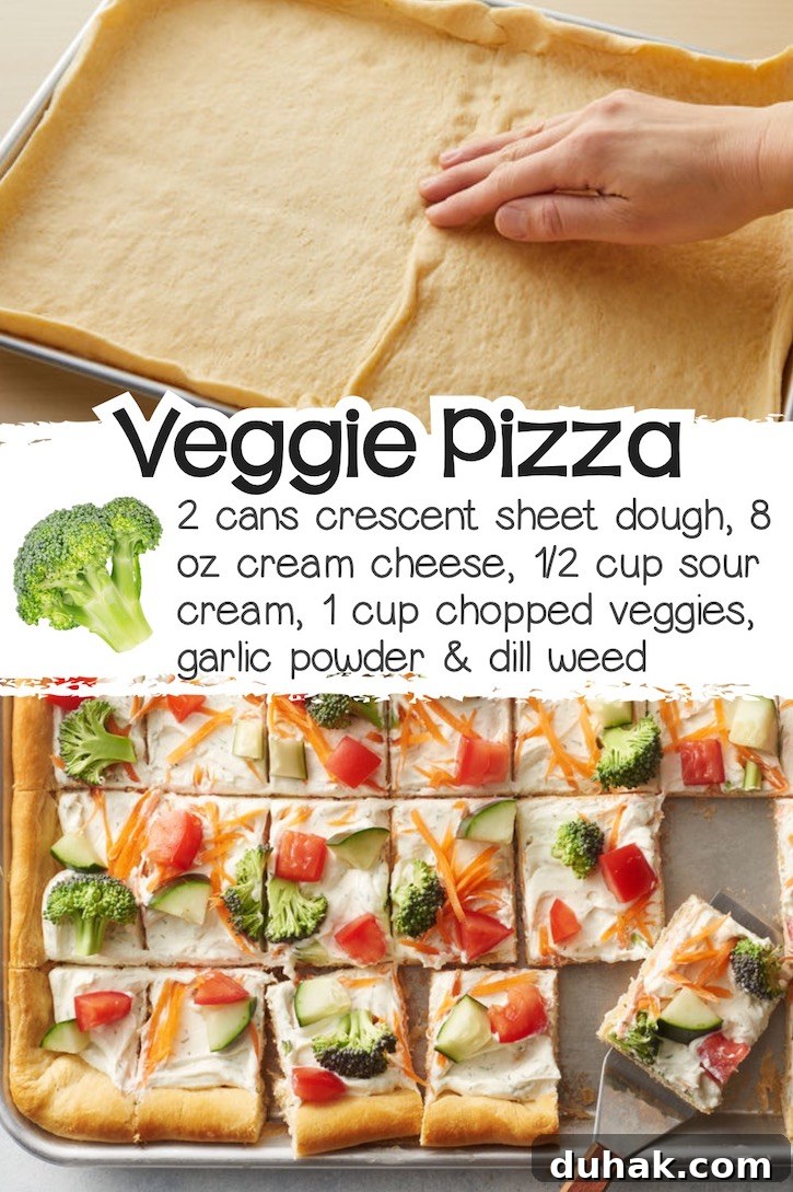 24 Creative Recipes You Can Make With Canned Refrigerated Dough 15 Cold veggie pizza on a sheet pan with a crescent sheet crust topped with cream cheese mixture and fresh veggies.