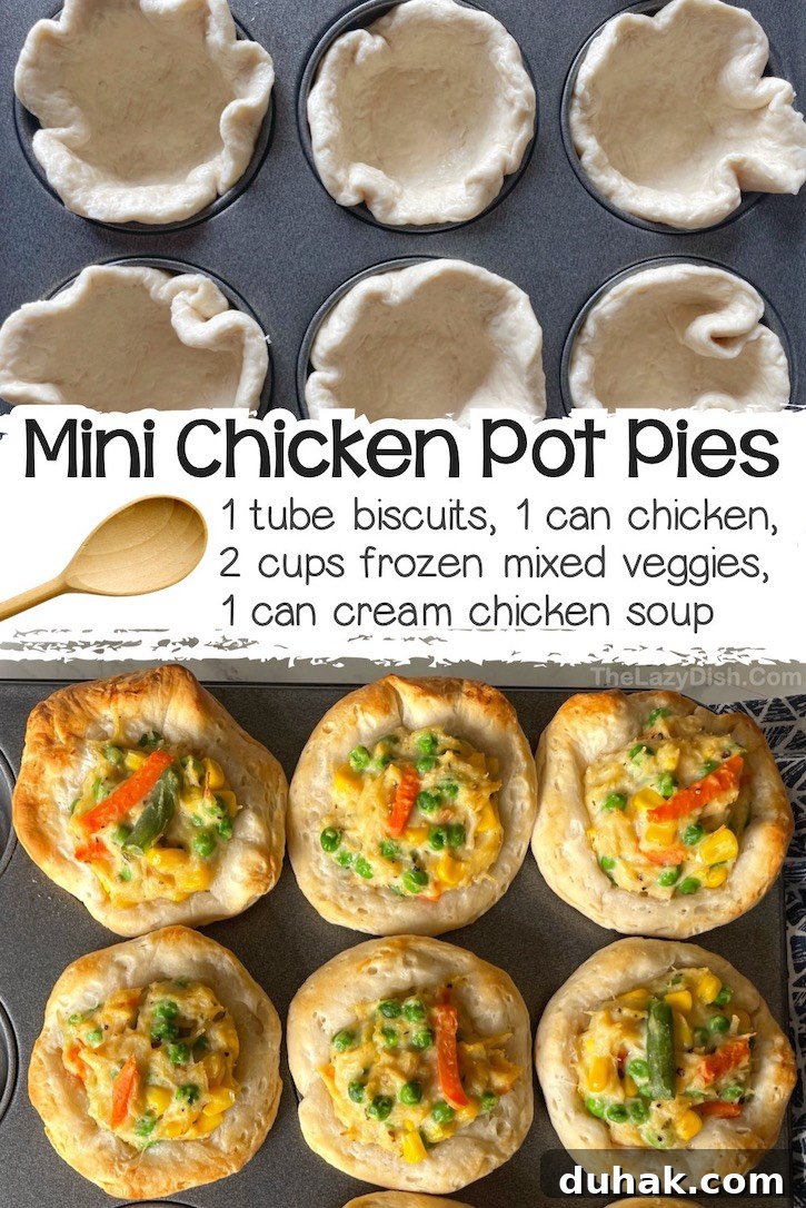 24 Creative Recipes You Can Make With Canned Refrigerated Dough 3 Mini Chicken Pot Pies made with refrigerated biscuits, canned chicken, mixed veggies, and cream of chicken soup, baked in a muffin pan.