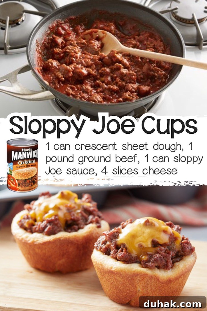 24 Creative Recipes You Can Make With Canned Refrigerated Dough 5 Sloppy Joe ingredients stuffed into little cups made with crescent dough in a mini muffin pan, topped with cheese.