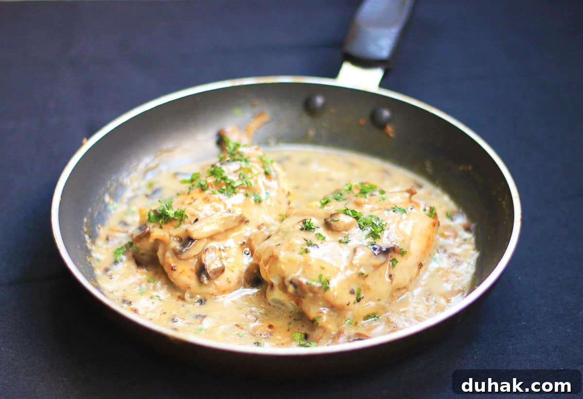 Creamy Mushroom Chicken Skillet with Garlic and Herbs 2 Chicken in Mushroom Sauce served in a black pan