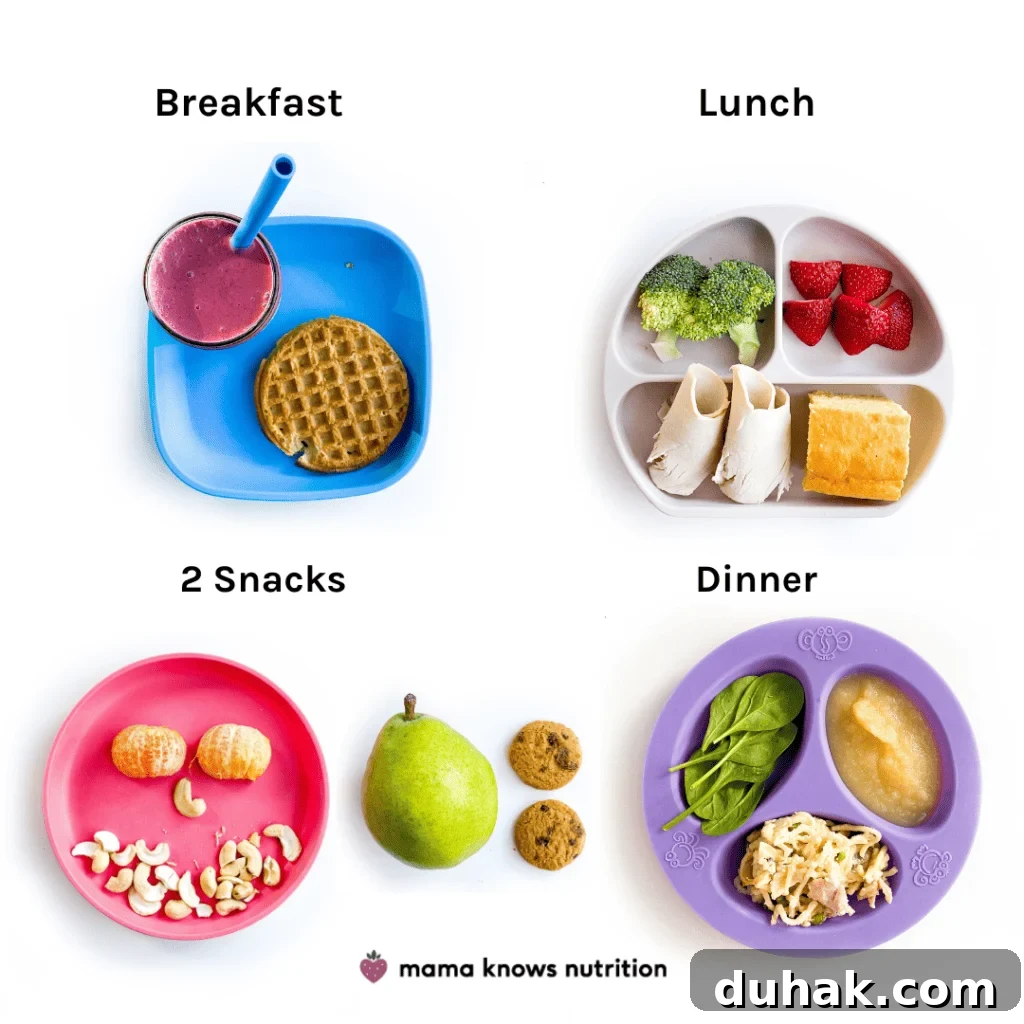 Day of plated lower sodium meals and snacks for toddler on colorful plates