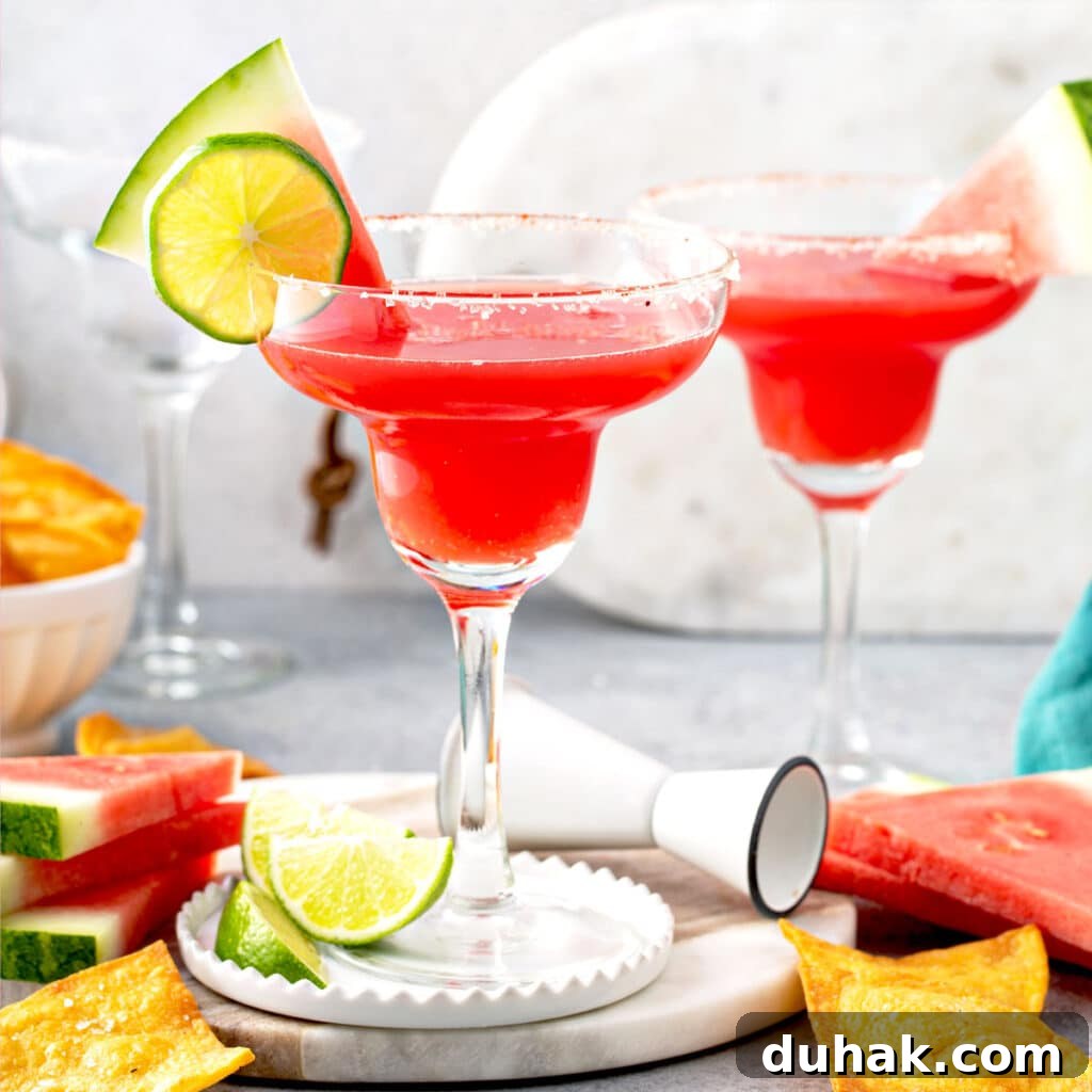 Refreshing Summer Cocktails, Mocktails & Fruity Drink Recipes 5 Watermelon margaritas made with fresh watermelon juice and tequila served in classic margarita glassware