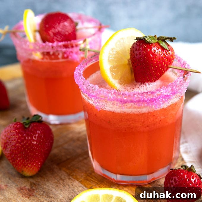 Refreshing Summer Cocktails, Mocktails & Fruity Drink Recipes 7 Two glasses of vodka martini with strawberries and lemon slices.