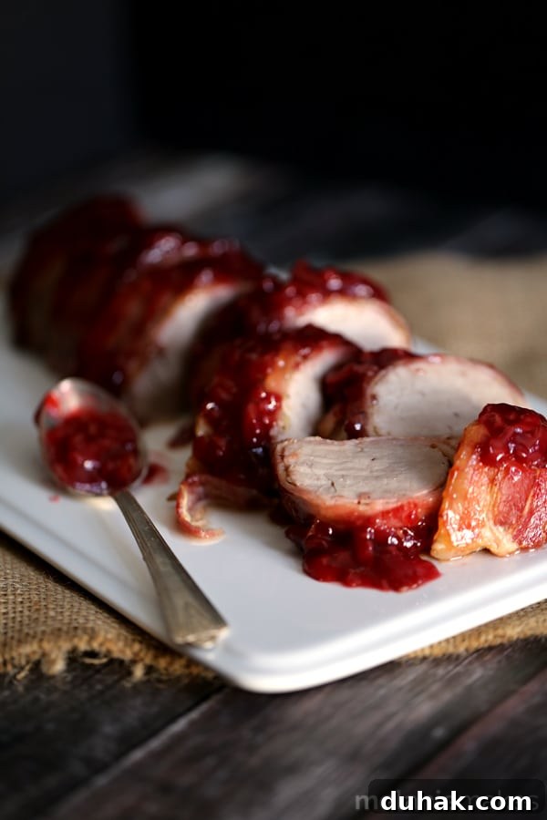 Bacon Wrapped Cherry Merlot Pork Tenderloin | Melanie Makes