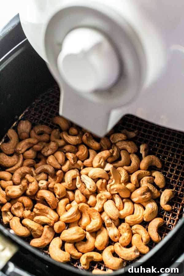 Cashews in an Air Fryer roasted without oil. Ready to serve as a snack or use them in your recipes.