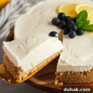 Lemon Cheesecake Recipe with Zesty Citrus Cream Filling 17 a serving spatula grabbing a slice of easy lemon cheesecake topped with blueberries