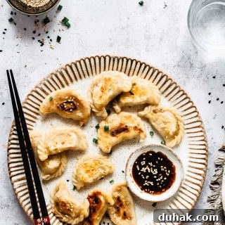 Easy vegan potstickers recipe: potstickers on a plate with sauce