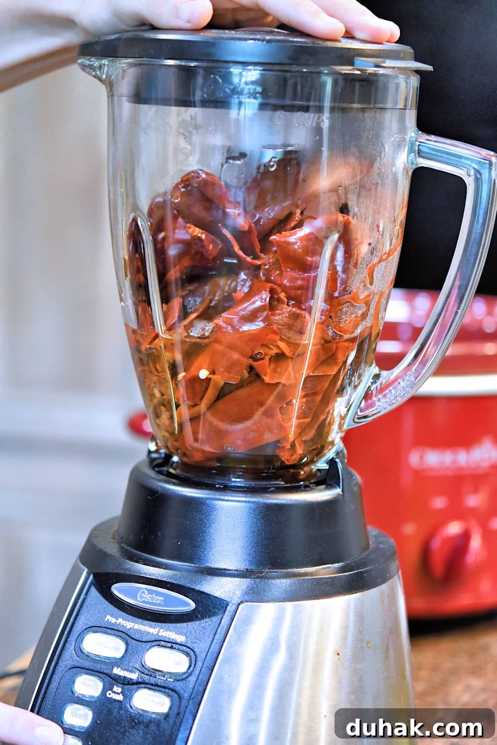 Authentic Pork Chile Colorado Asado Recipe — Savory Mexican Pork Stew 14 Once reconstituted, the chiles, onions and garlic are pulsed in an electric blender.