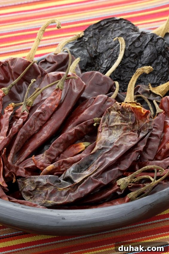 Authentic Pork Chile Colorado Asado Recipe — Savory Mexican Pork Stew 7 large variety of Mexican dried chiles on a white table