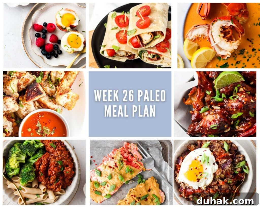 photo collage of one savory breakfast and seven lunch or dinner paleo meals with lavender accents