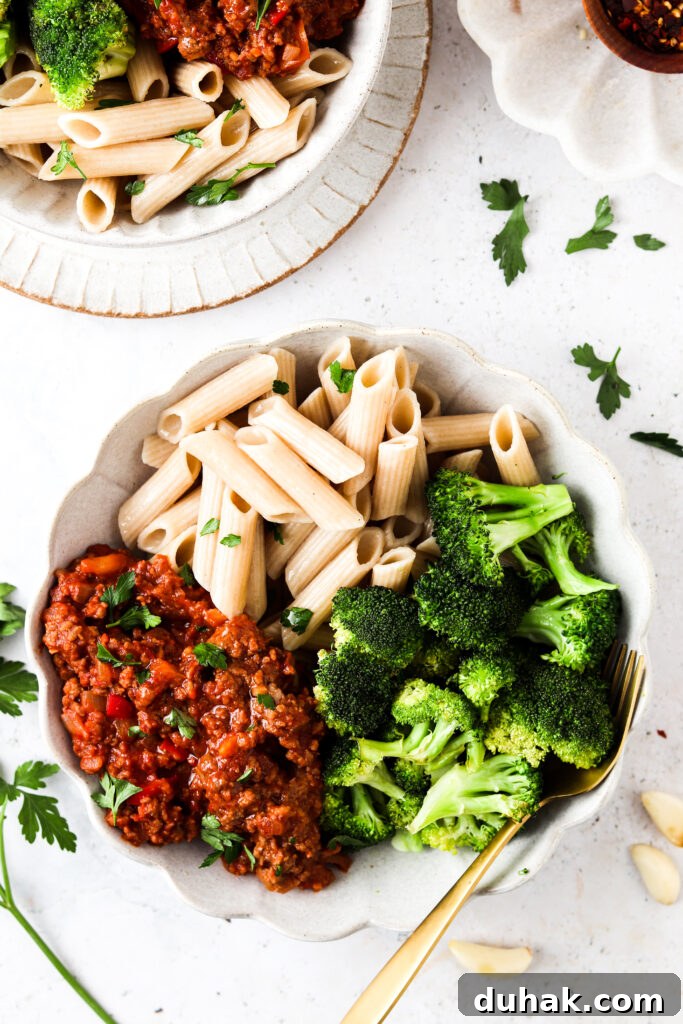 whole30 sloppy joe bowls in a bowl with broccoli and pasta