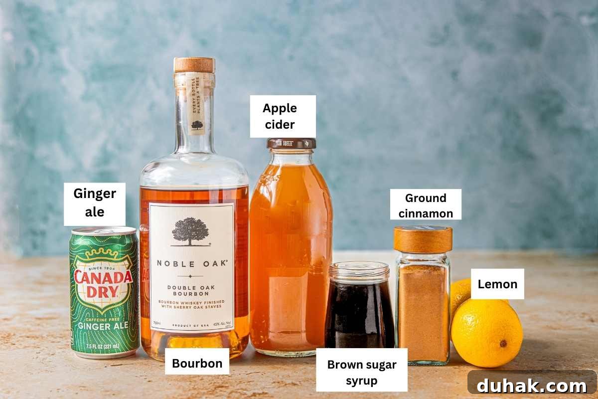 The ingredients needed to make the bourbon and ginger ale cocktail.