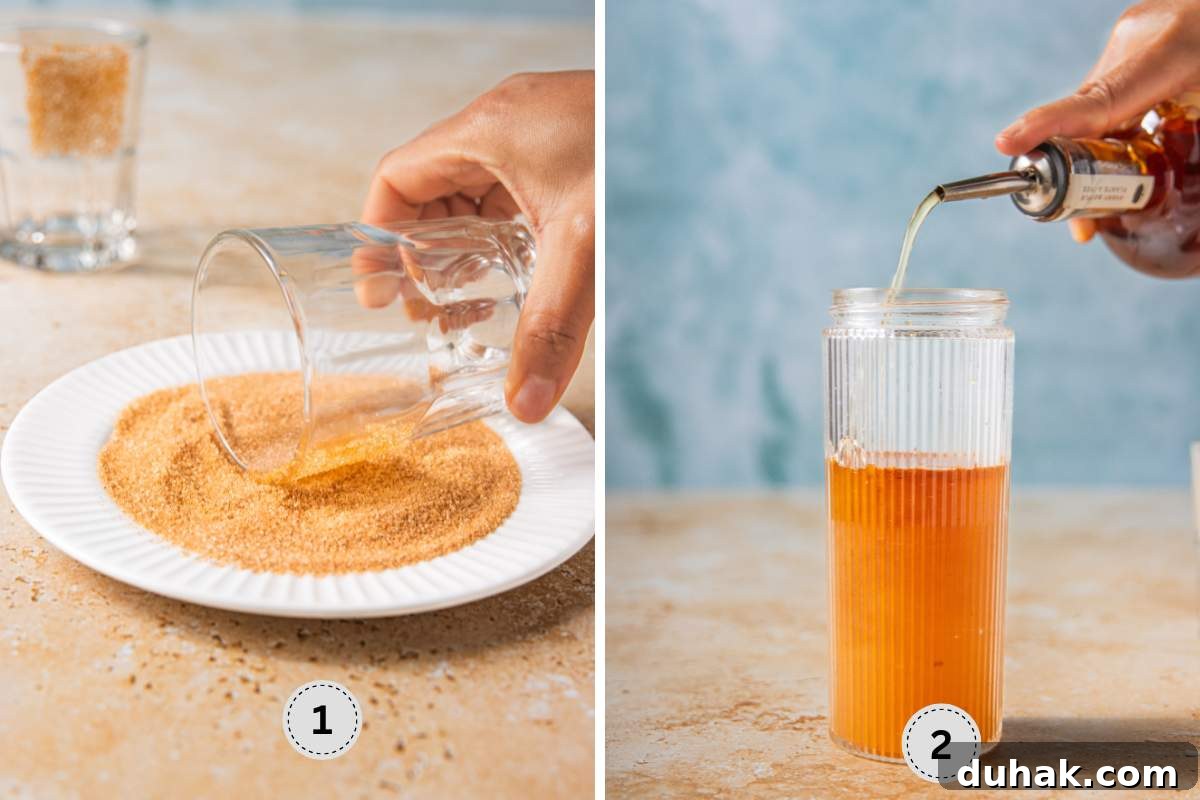 Rimming the serving glasses and mixing the rest of the ingredients in a shaker.