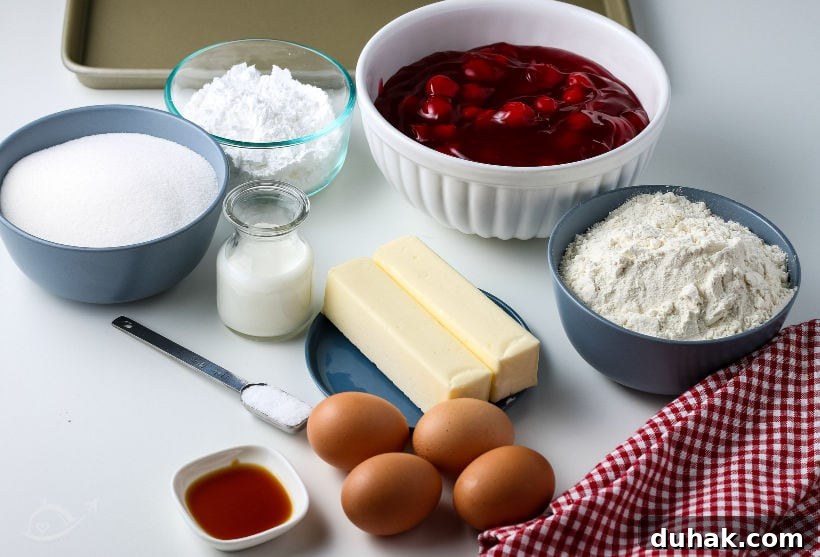 Glazed Cherry Bars: Simple Sweet Dessert Bars Recipe 3 Ingredients - bowls of sugar, flour, confectioners sugar, cherry pie filling & vanilla, milk, 2 sticks of butter, 4 eggs & salt | A Reinvented Mom