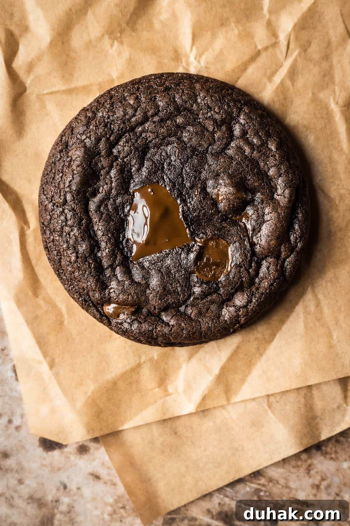 Double Cocoa Chocolate Cookies: Rich, Soft Baked Treats 14 A chocolate cookie on brown parchment paper with melted pools of chocolate chunks on top.