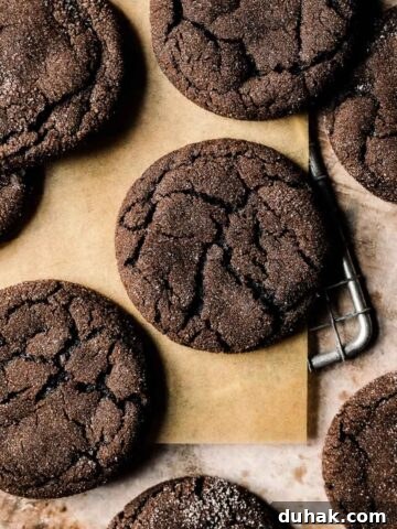 Chocolate gingerbread cookies on brown parchment paper.