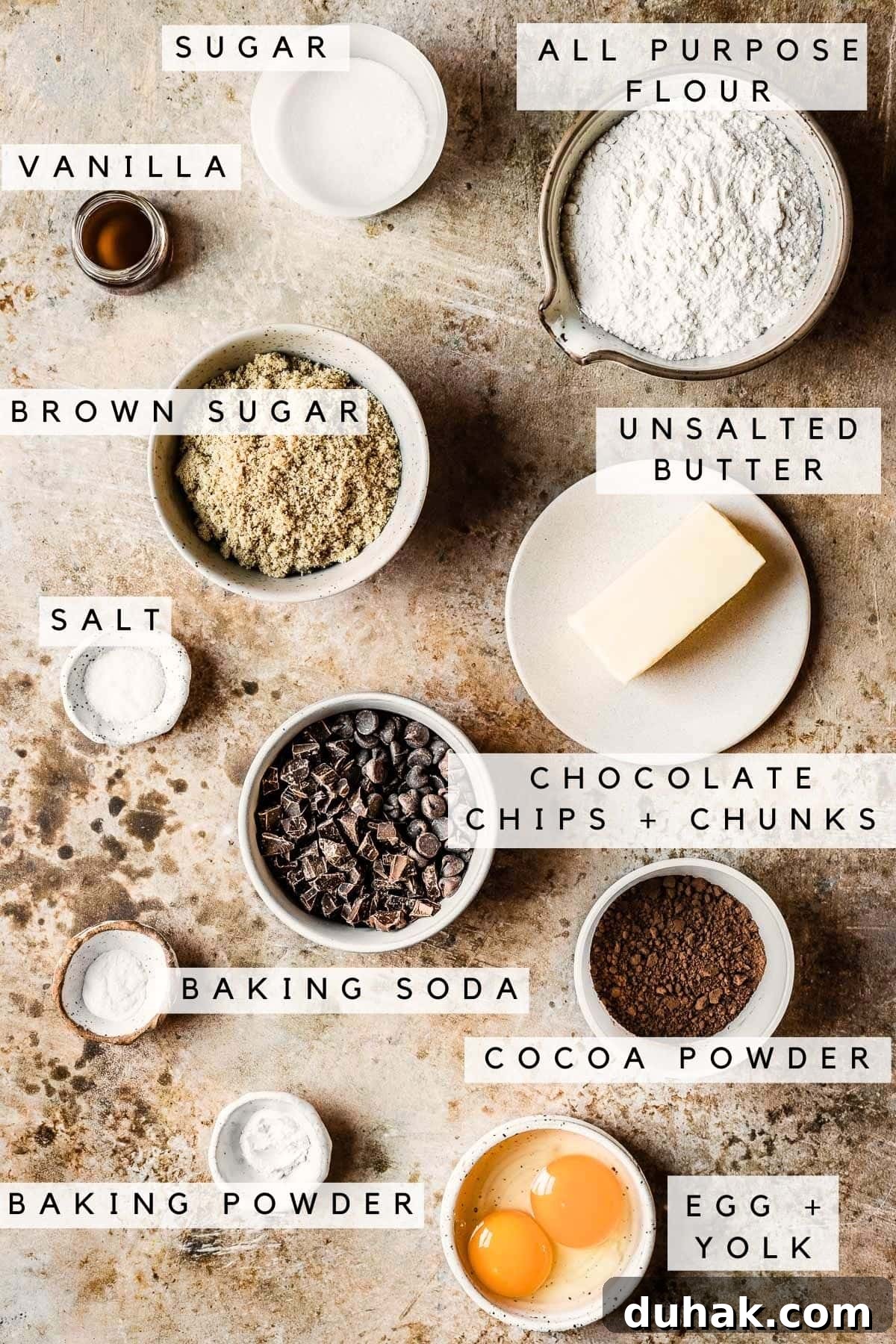 Double Cocoa Chocolate Cookies: Rich, Soft Baked Treats 3 Labeled ingredients for chocolate cookies with cocoa powder.