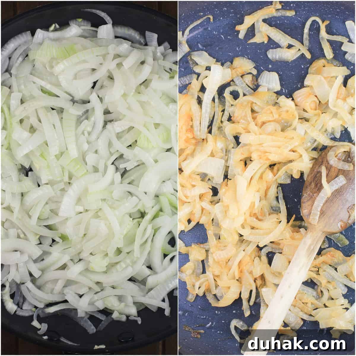 Savory Chicken and Potato Crepes: Rustic Filling Recipe 5 collage of 2 photos showing uncooked and cooked caramelized onion in skillet