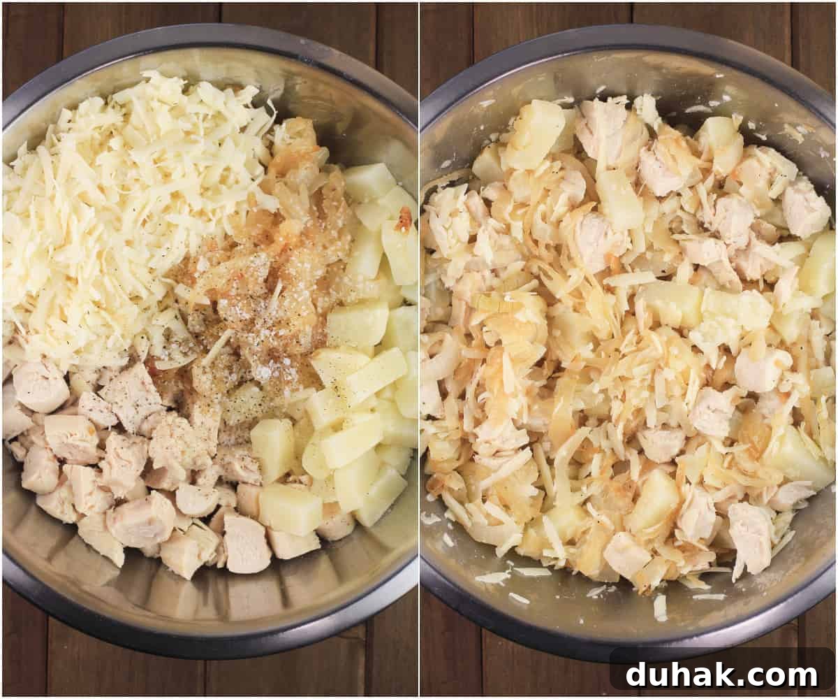 Savory Chicken and Potato Crepes: Rustic Filling Recipe 6 collage of 2 photos showing crepe filling ingredients in bowl and then mixed together